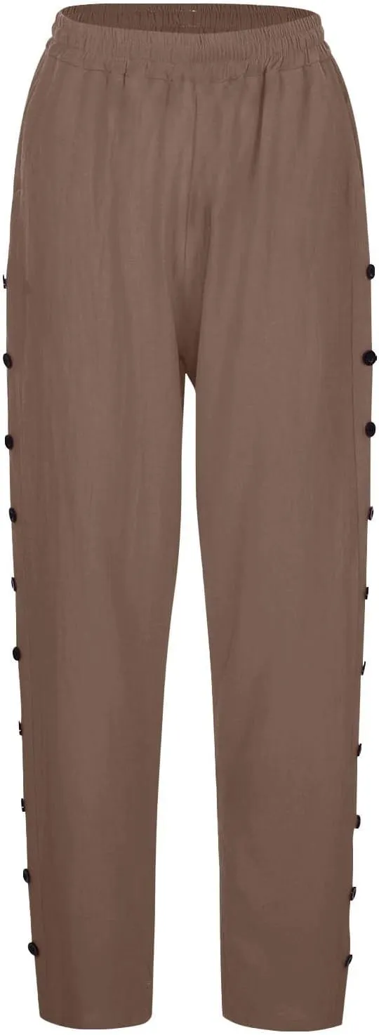 Summer Linen Straight Pants for Womens Striped Waisted Elastic Side Button Pant Casual Loose Trousers with Pocket