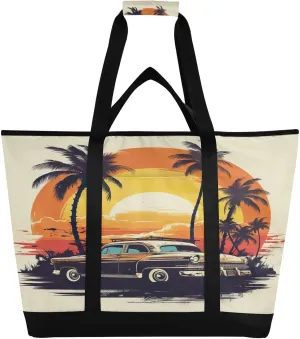 Summer Palm Car Tote Bag for Women with Zipper Reusable Grocery Bags Foldable Insulated Cooler Bag Totes Handbags Shopping Bags for Groceries Beach Travel Work Picnic