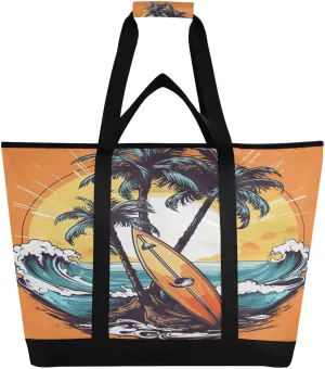 Summer Palm Orange Tote Bag for Women with Zipper Reusable Grocery Bags Foldable Insulated Cooler Bag Handbags Totes Shopping Bags for Groceries Picnic Travel Work Beach