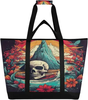 Summer Skull Flower Tote Bag for Women with Zipper Reusable Grocery Bags Foldable Insulated Cooler Bag Shopping Bags Handbags Totes for Groceries Picnic Travel Beach Work