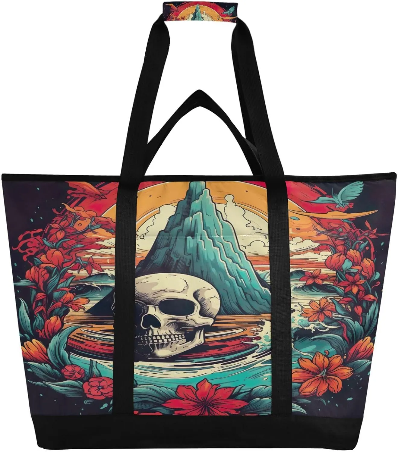 Summer Skull Flower Tote Bag for Women with Zipper Reusable Grocery Bags Foldable Insulated Cooler Bag Shopping Bags Handbags Totes for Groceries Picnic Travel Beach Work