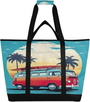 Summer Surfboard Tote Bag for Women with Zipper Reusable Grocery Bags Foldable Insulated Cooler Bag Shopping Bags Handbags Totes for Groceries Travel Picnic Beach Work