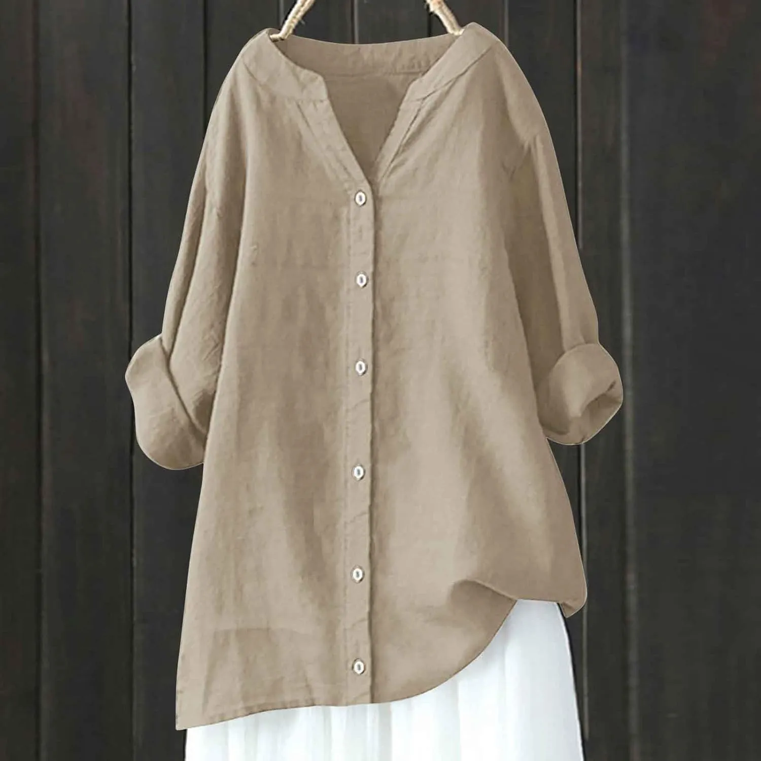 Summer Tops for Women 2025 Trendy Long Sleeve Cotton Linen Shirt Casual Button Down V Neck Tunic Gauze Blouses