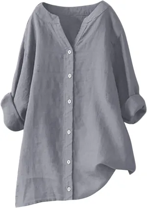 Summer Tops for Women 2025 Trendy Long Sleeve Cotton Linen Shirt Casual Button Down V Neck Tunic Gauze Blouses
