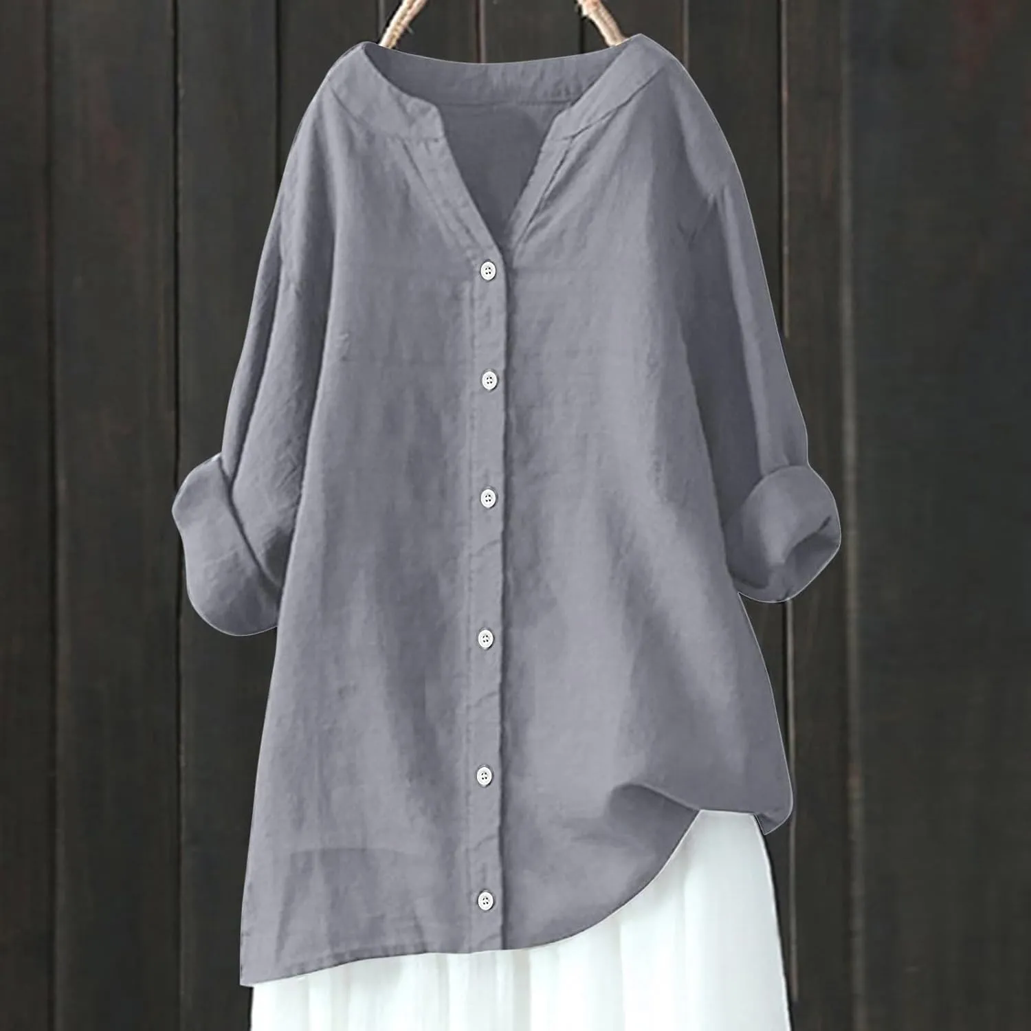 Summer Tops for Women 2025 Trendy Long Sleeve Cotton Linen Shirt Casual Button Down V Neck Tunic Gauze Blouses