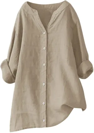 Summer Tops for Women 2025 Trendy Long Sleeve Cotton Linen Shirt Casual Button Down V Neck Tunic Gauze Blouses