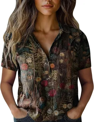 Summer Tops for Women 2025 Trendy V Neck Collared Button-up Gauze Colorful Stripe Print Tops Fashion 2025