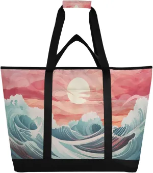 Sun Beach Tote Bag for Women with Zipper Reusable Grocery Bags Foldable Insulated Cooler Bag Handbags Shopping Bags Totes for Groceries Work Picnic Travel Beach