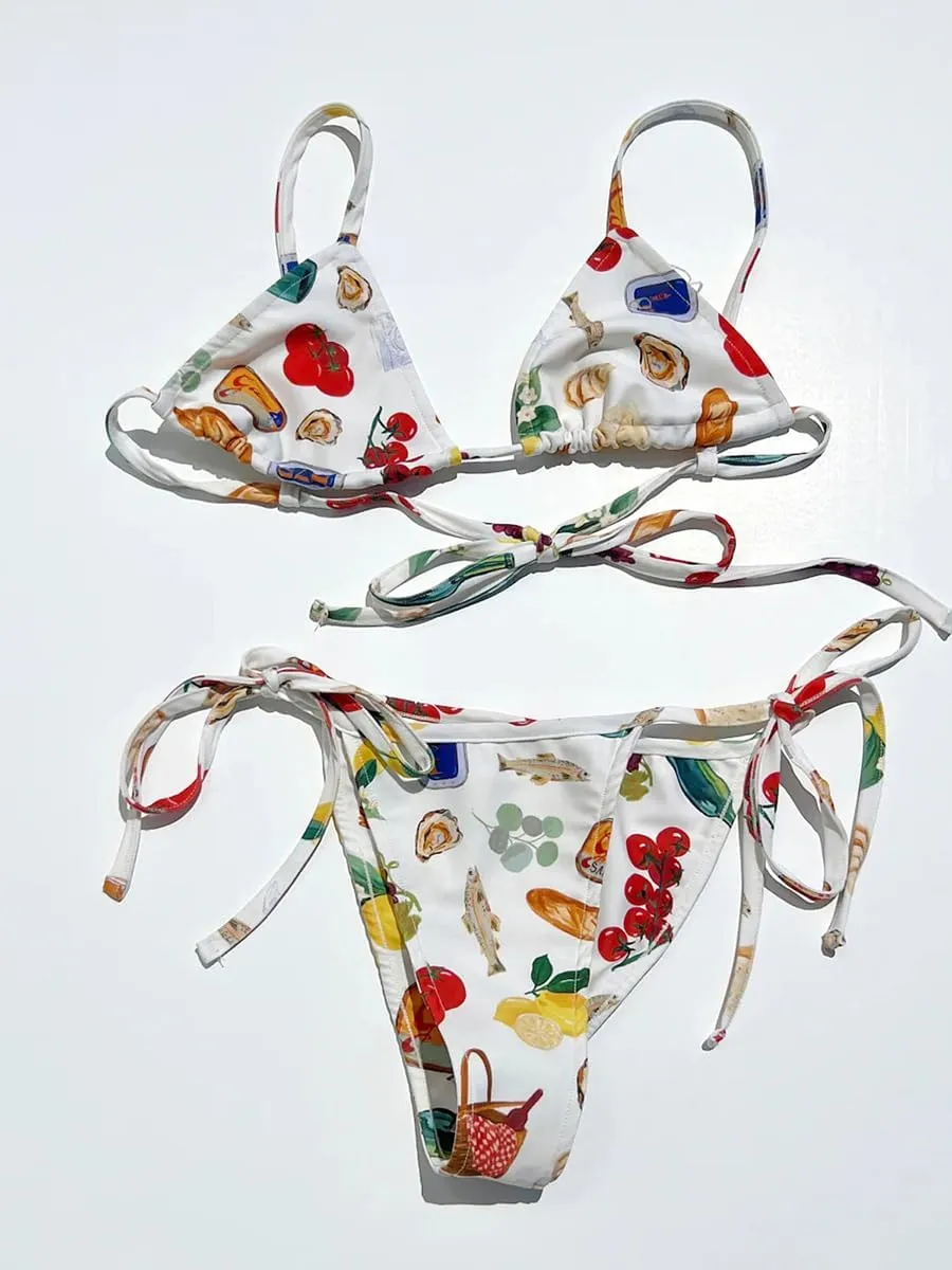 Sunloudy Women Halter String Thong Bikini Set Sexy Two Piece Tie Side String Floral Print Swimsuit Bathing Suits