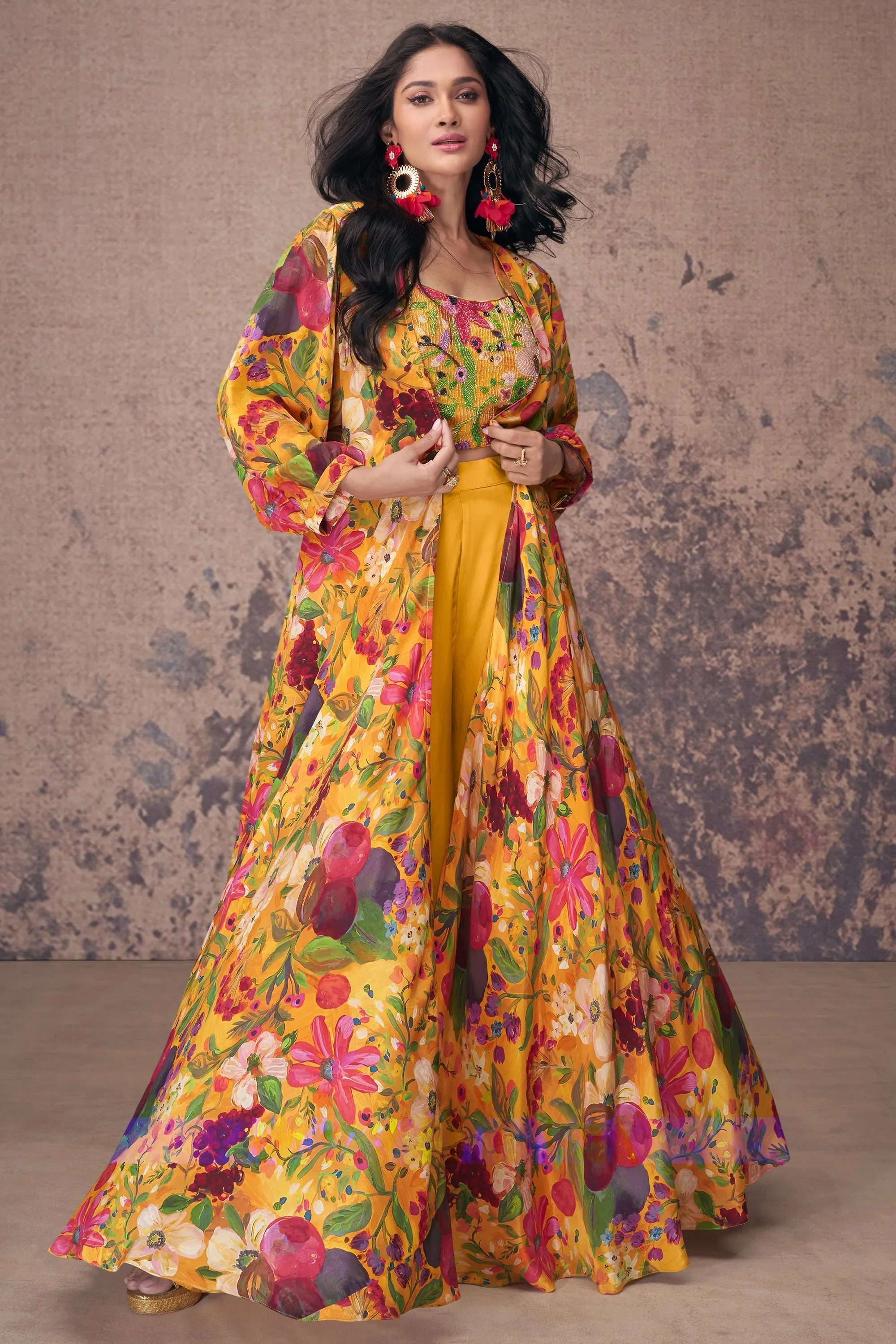 Sushrii Mishraa Yellow Color Crepe Silk Charming Readymade Palazzo Suit With Koti