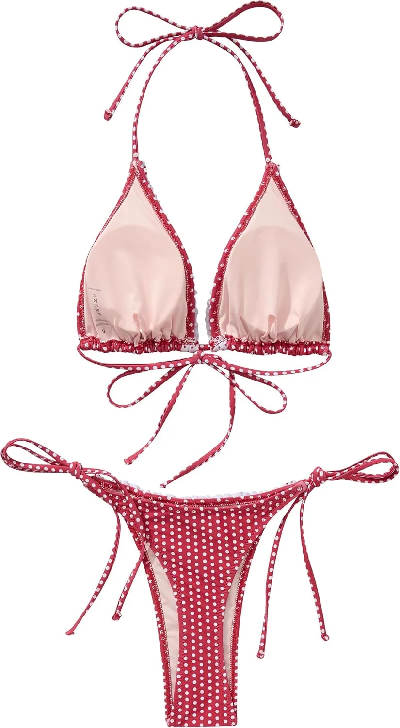 SUUKSESS Women Ruffle Thong Bikini Sets Halter String Triangle 2 Piece Swimsuit