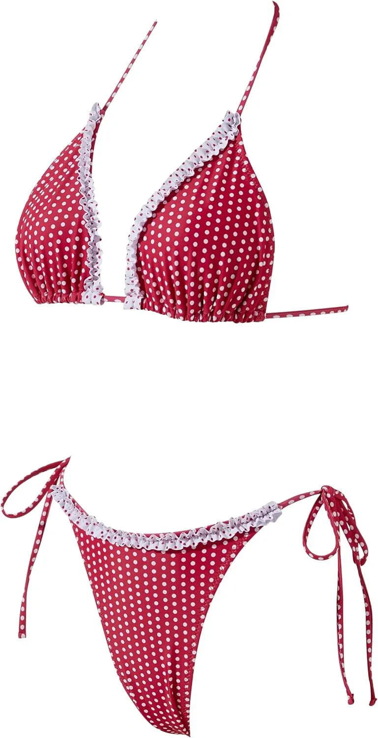 SUUKSESS Women Ruffle Thong Bikini Sets Halter String Triangle 2 Piece Swimsuit