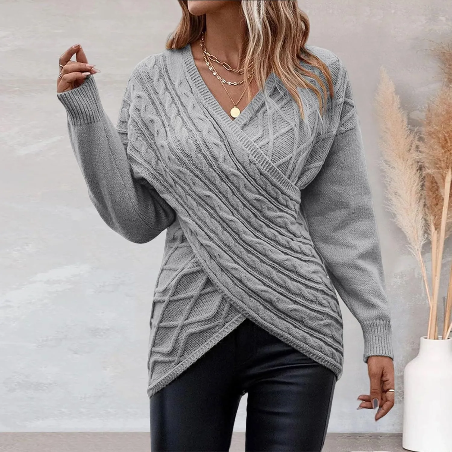 Sweater for Women Chunky Knit Solid Color V Neck Long Sleeve Soft Lightweight Casual Pullover Tops