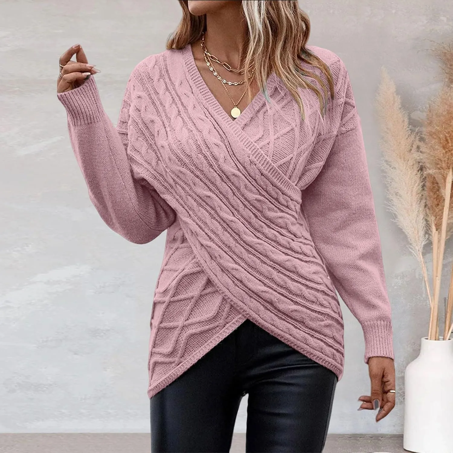 Sweater for Women Chunky Knit Solid Color V Neck Long Sleeve Soft Lightweight Casual Pullover Tops