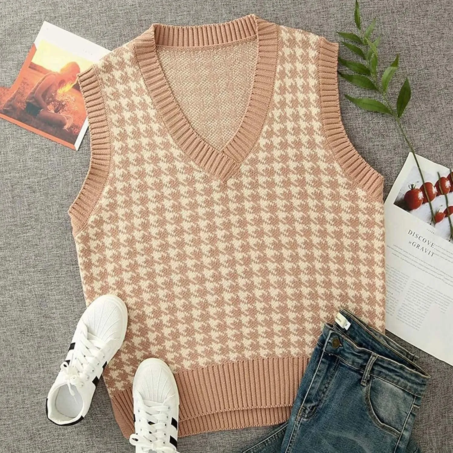 Sweater Vest for Women Plaid Knit Sleeveless V Neck Top Checkered Sweaters Oversized Y2k Cropped Pullover Tank Tops