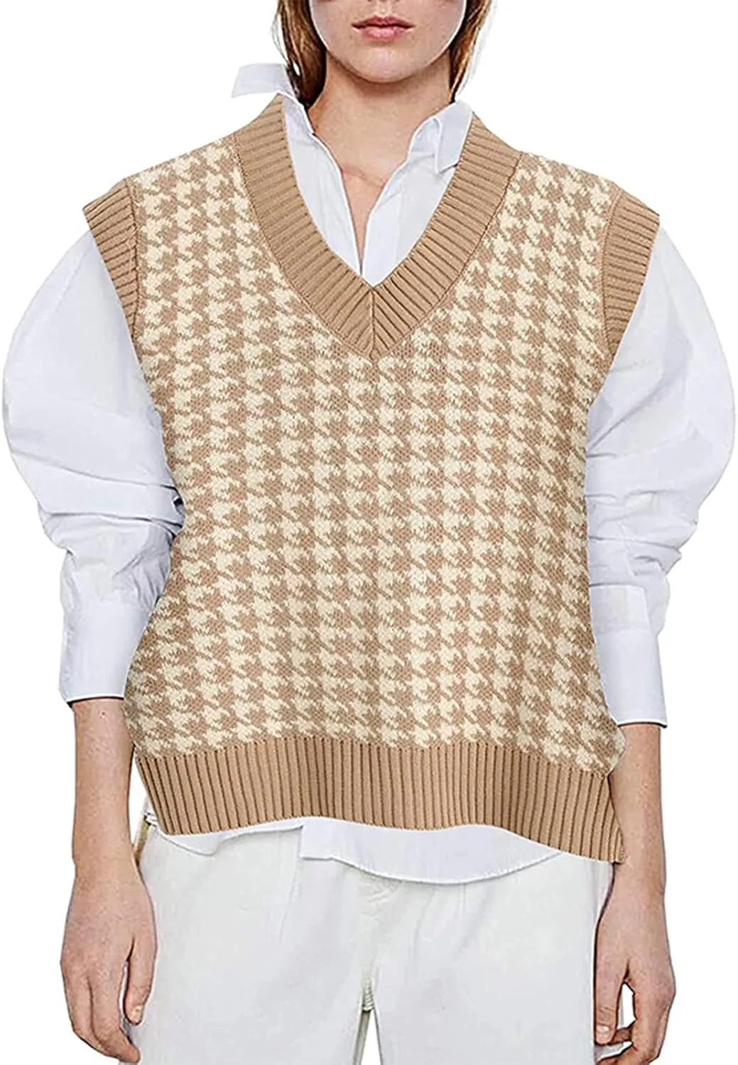 Sweater Vest for Women Plaid Knit Sleeveless V Neck Top Checkered Sweaters Oversized Y2k Cropped Pullover Tank Tops