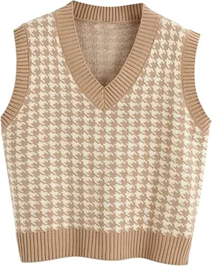 Sweater Vest for Women Plaid Knit Sleeveless V Neck Top Checkered Sweaters Oversized Y2k Cropped Pullover Tank Tops