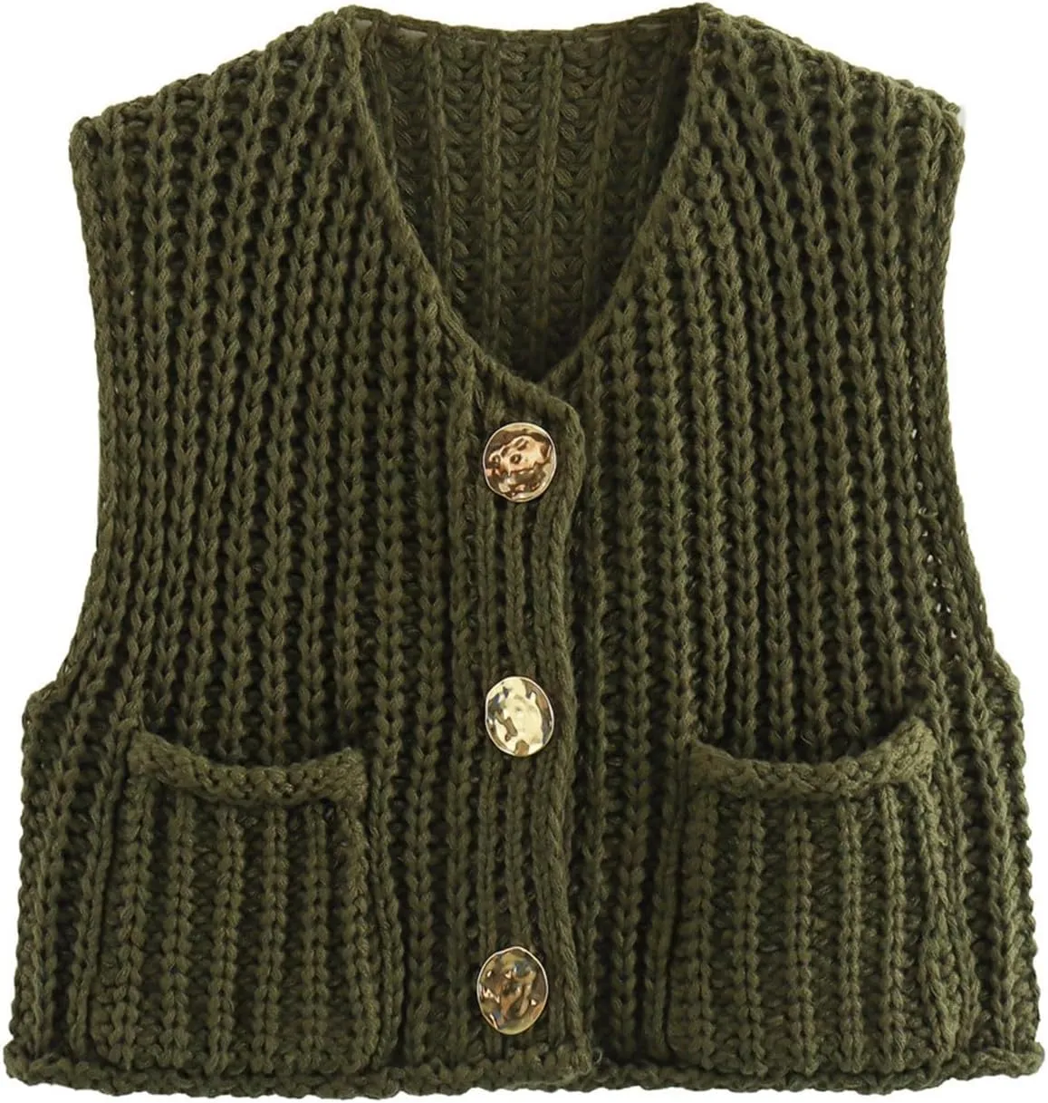 Sweater Vest Women Button Up Sleeveless Cropped Knit Vest Casual Chunky Vest With Pockets Fall Tops Knit Cardigan