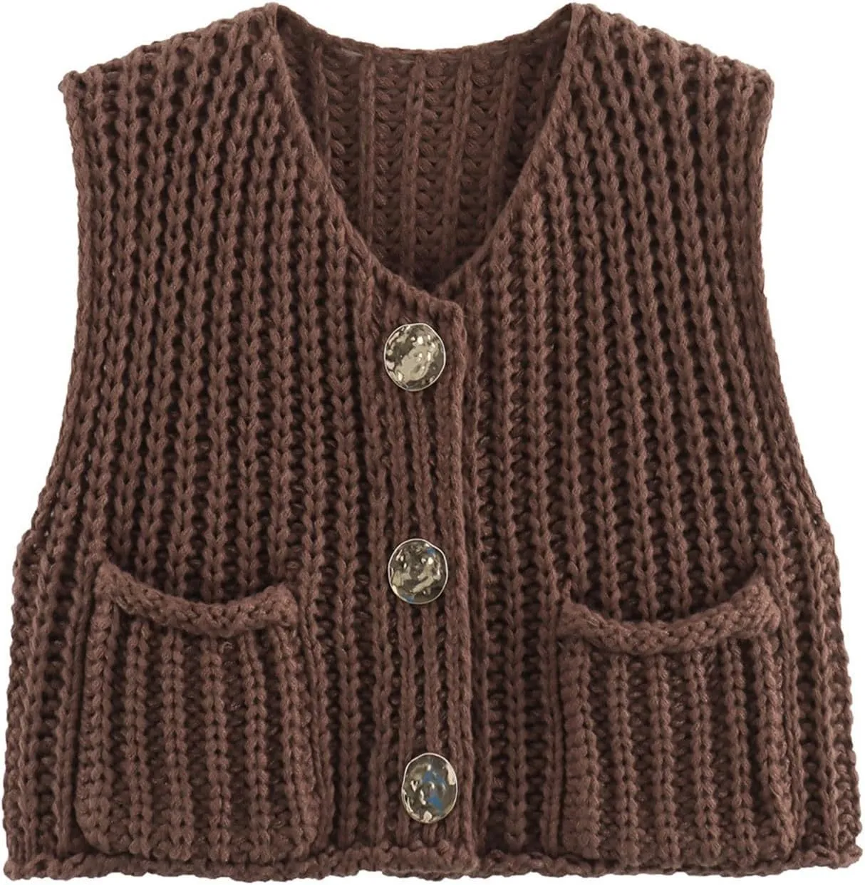 Sweater Vest Women Button Up Sleeveless Cropped Knit Vest Casual Chunky Vest With Pockets Fall Tops Knit Cardigan
