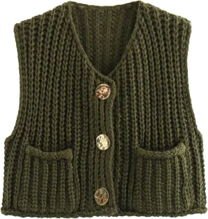 Sweater Vest Women Button Up Sleeveless Cropped Knit Vest Casual Chunky Vest With Pockets Fall Tops Knit Cardigan