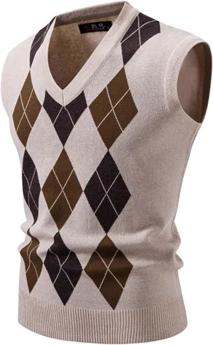 Sweater Vests for Men Argyle Knitted Warm Sleeveless Jumper Knitwear V Neck Slim Fit Casual Plus Size Waistcoat