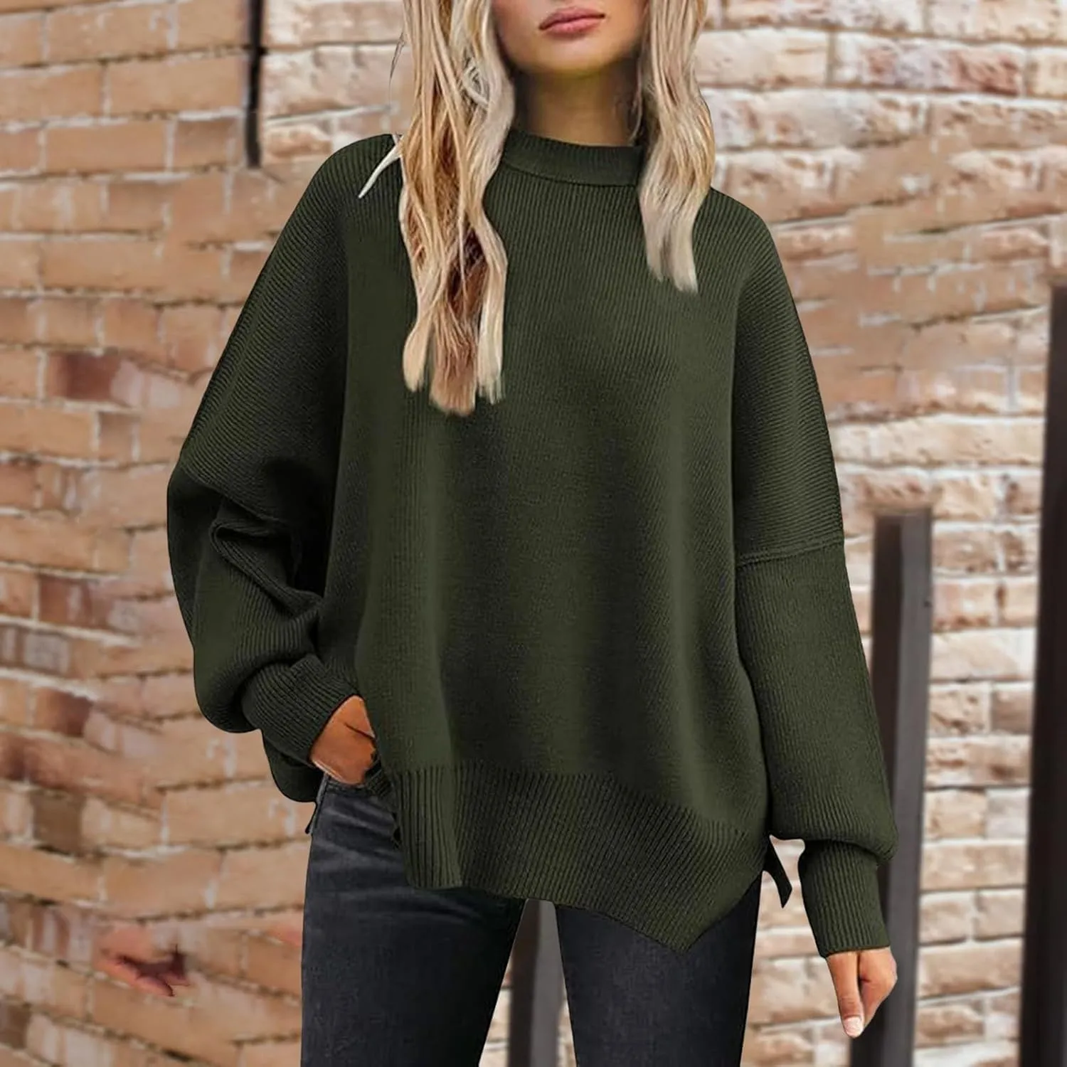 Sweaters for Women Chunky Knit Round Neck Solid Color Long Sleeve Loose Fit Casual Soft Sweaters Tops