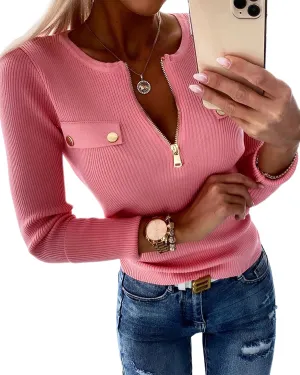 Sweaters for Women Crewneck Long Sleeve Knit Sweater Half Zipper Casual Pullover Knit Tops