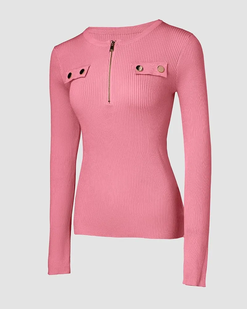 Sweaters for Women Crewneck Long Sleeve Knit Sweater Half Zipper Casual Pullover Knit Tops
