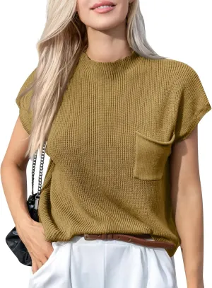 Sweaters for Women Knit Cap Sleeve Sweater Vest Casual Crewneck Short Sleeve Tops Lightweight Pullovers with Pocket