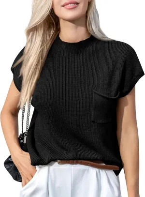 Sweaters for Women Knit Cap Sleeve Sweater Vest Casual Crewneck Short Sleeve Tops Lightweight Pullovers with Pocket