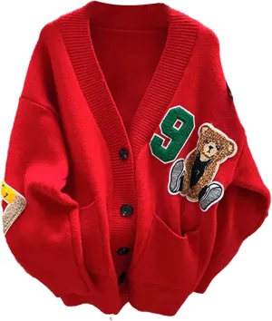 Sweaters,Womens Knitted Cardigans Cartoon Sweater Button Down V-Neck Solid Color Outerwear Tops Coat with Pocket