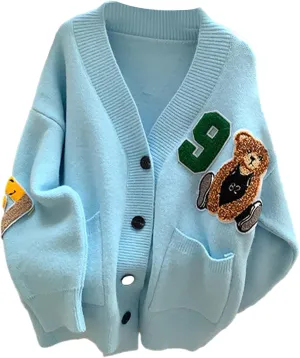 Sweaters,Womens Knitted Cardigans Cartoon Sweater Button Down V-Neck Solid Color Outerwear Tops Coat with Pocket