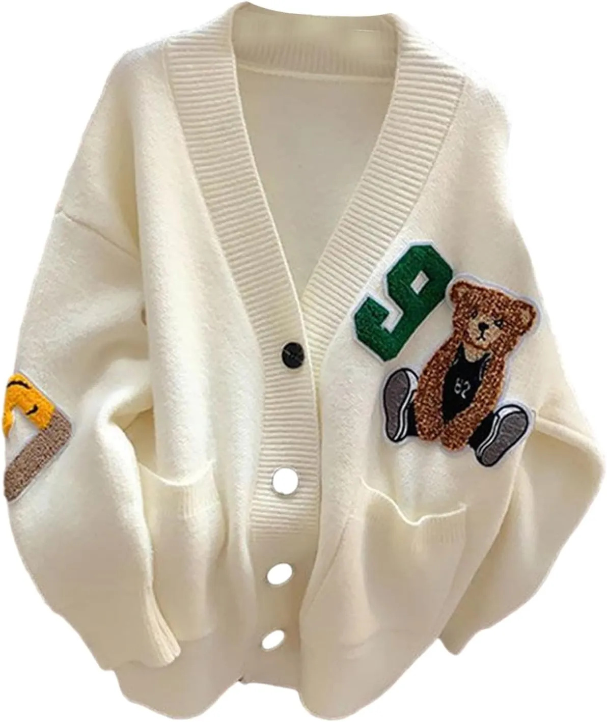 Sweaters,Womens Knitted Cardigans Cartoon Sweater Button Down V-Neck Solid Color Outerwear Tops Coat with Pocket