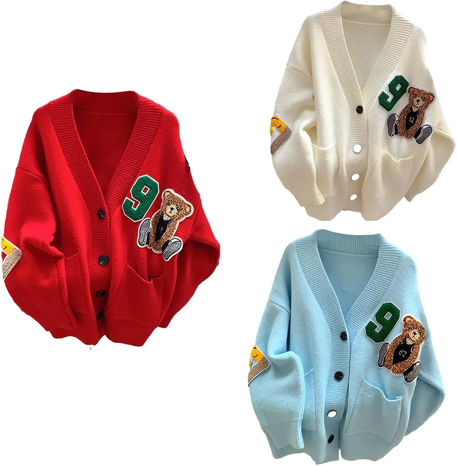 Sweaters,Womens Knitted Cardigans Cartoon Sweater Button Down V-Neck Solid Color Outerwear Tops Coat with Pocket