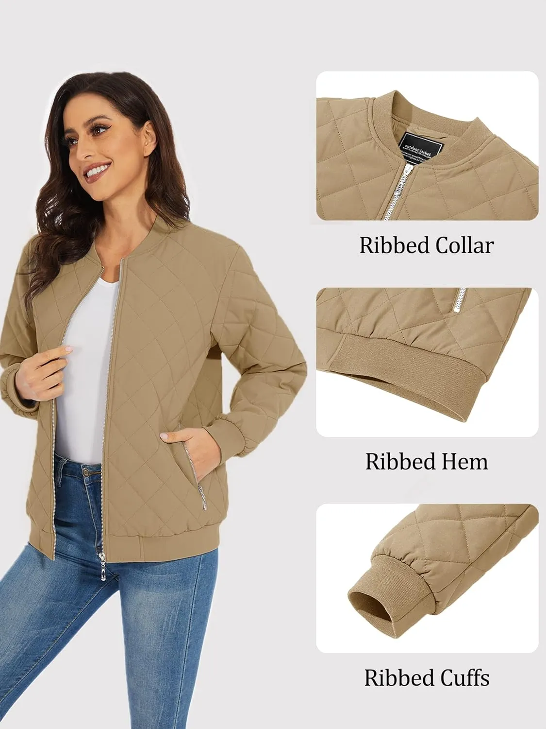 TACVASEN Women's Diamond Quilted Jackets Lightweight Casual Bomber Jacket Warm Winter Coats Full Zip with Pockets