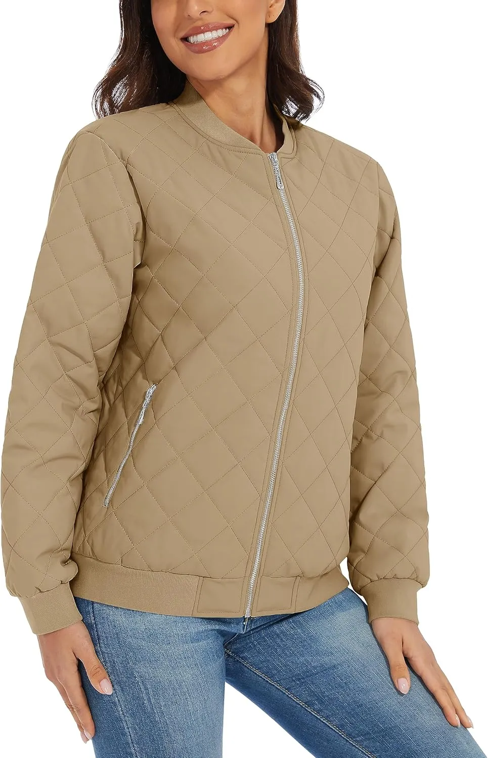 TACVASEN Women's Diamond Quilted Jackets Lightweight Casual Bomber Jacket Warm Winter Coats Full Zip with Pockets