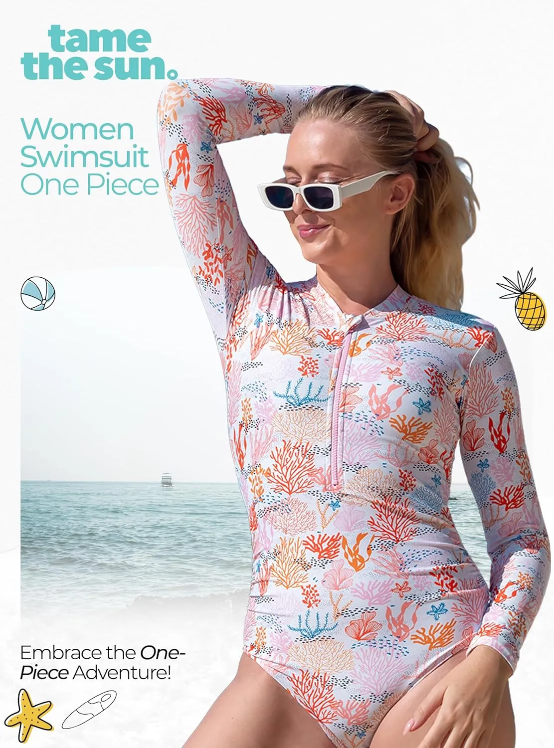 Tame the Sun Long Sleeve Swimsuits for Women - One Piece Tummy Control, UPF 50  Bathing Suit - Rash Guard, Zipper Swimwear