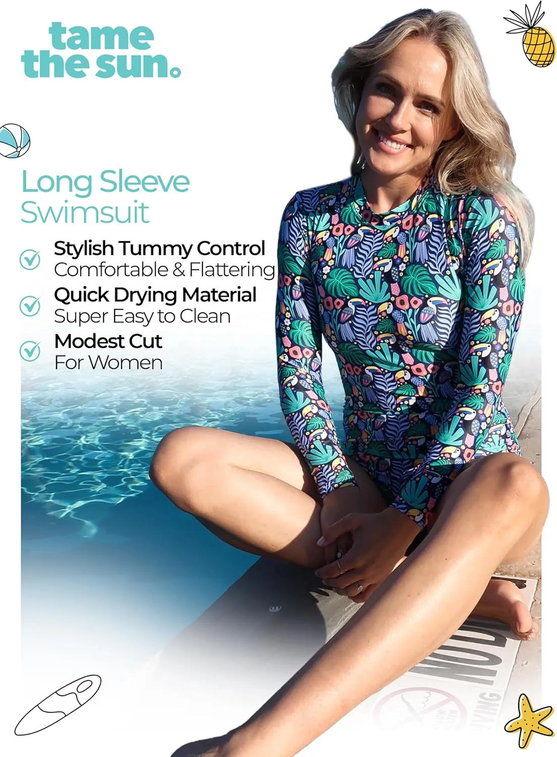 Tame the Sun Long Sleeve Swimsuits for Women - One Piece Tummy Control, UPF 50  Bathing Suit - Rash Guard, Zipper Swimwear