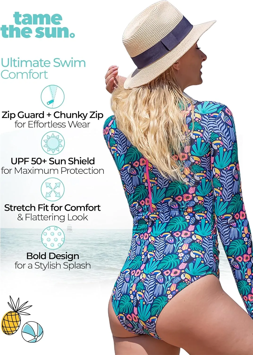 Tame the Sun Long Sleeve Swimsuits for Women - One Piece Tummy Control, UPF 50  Bathing Suit - Rash Guard, Zipper Swimwear