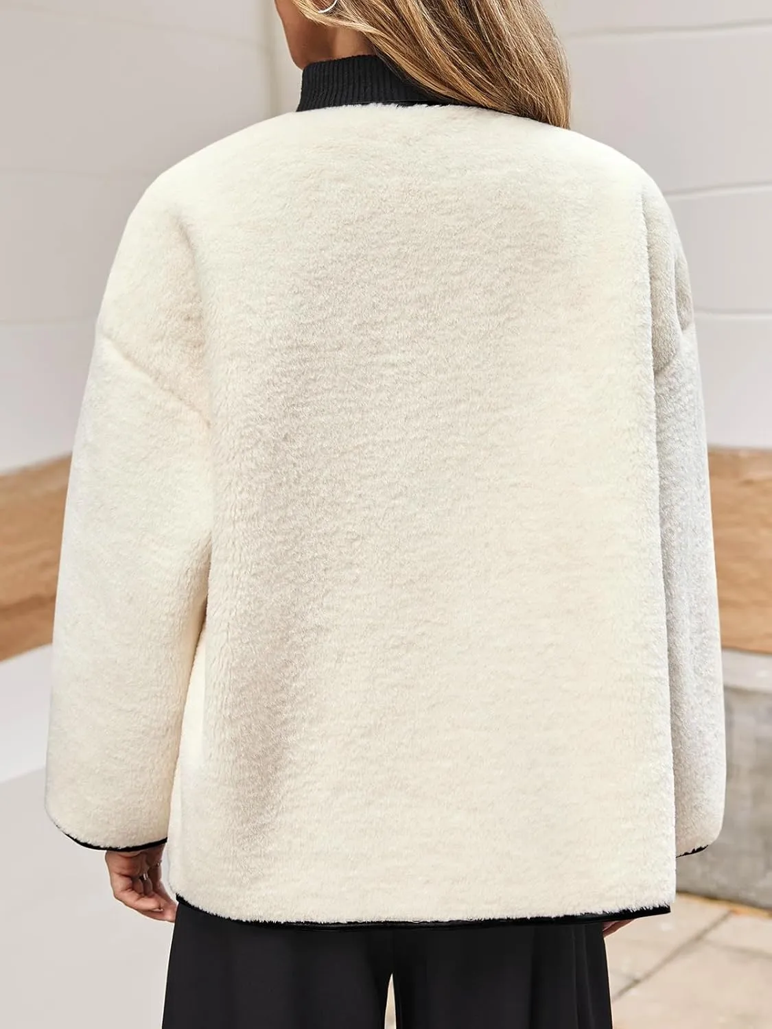Tankaneo Womens Faux Fur Jackets Fluffy Collarless Winter Fuzzy Coat Oversized Warm Sherpa Outerwear