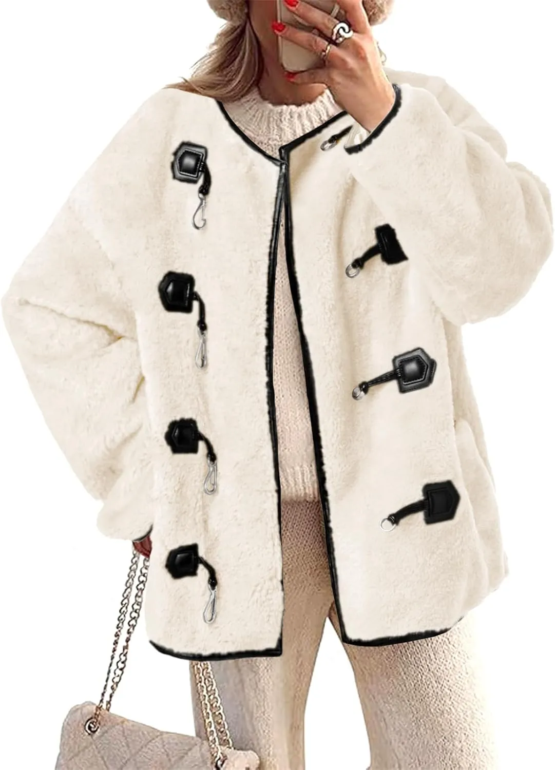 Tankaneo Womens Faux Fur Jackets Fluffy Collarless Winter Fuzzy Coat Oversized Warm Sherpa Outerwear