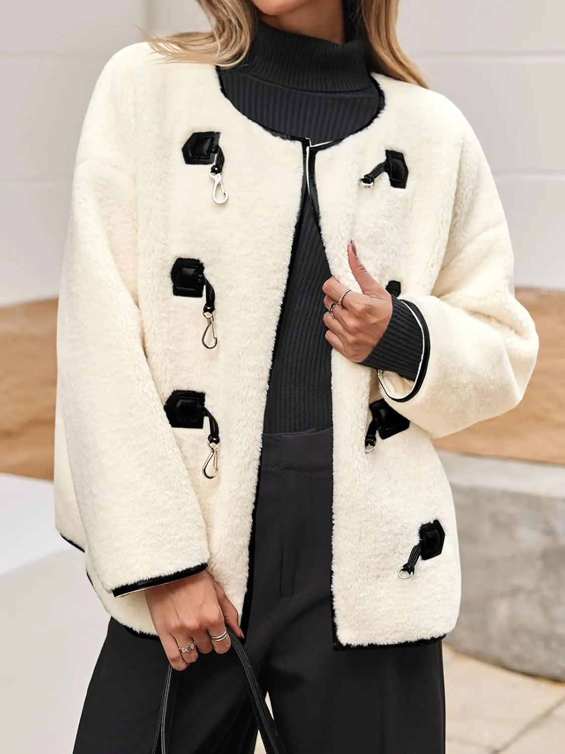 Tankaneo Womens Faux Fur Jackets Fluffy Collarless Winter Fuzzy Coat Oversized Warm Sherpa Outerwear