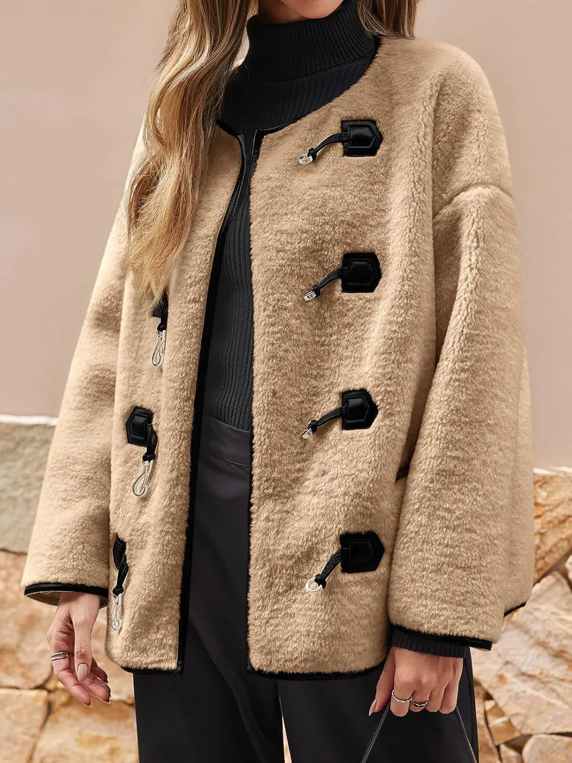 Tankaneo Womens Faux Fur Jackets Fluffy Collarless Winter Fuzzy Coat Oversized Warm Sherpa Outerwear