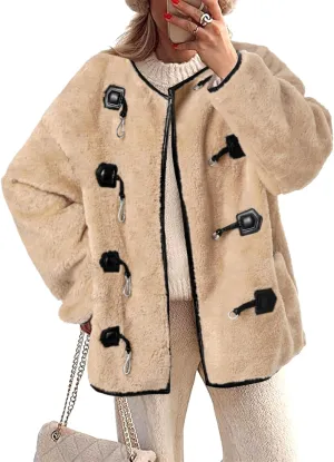 Tankaneo Womens Faux Fur Jackets Fluffy Collarless Winter Fuzzy Coat Oversized Warm Sherpa Outerwear