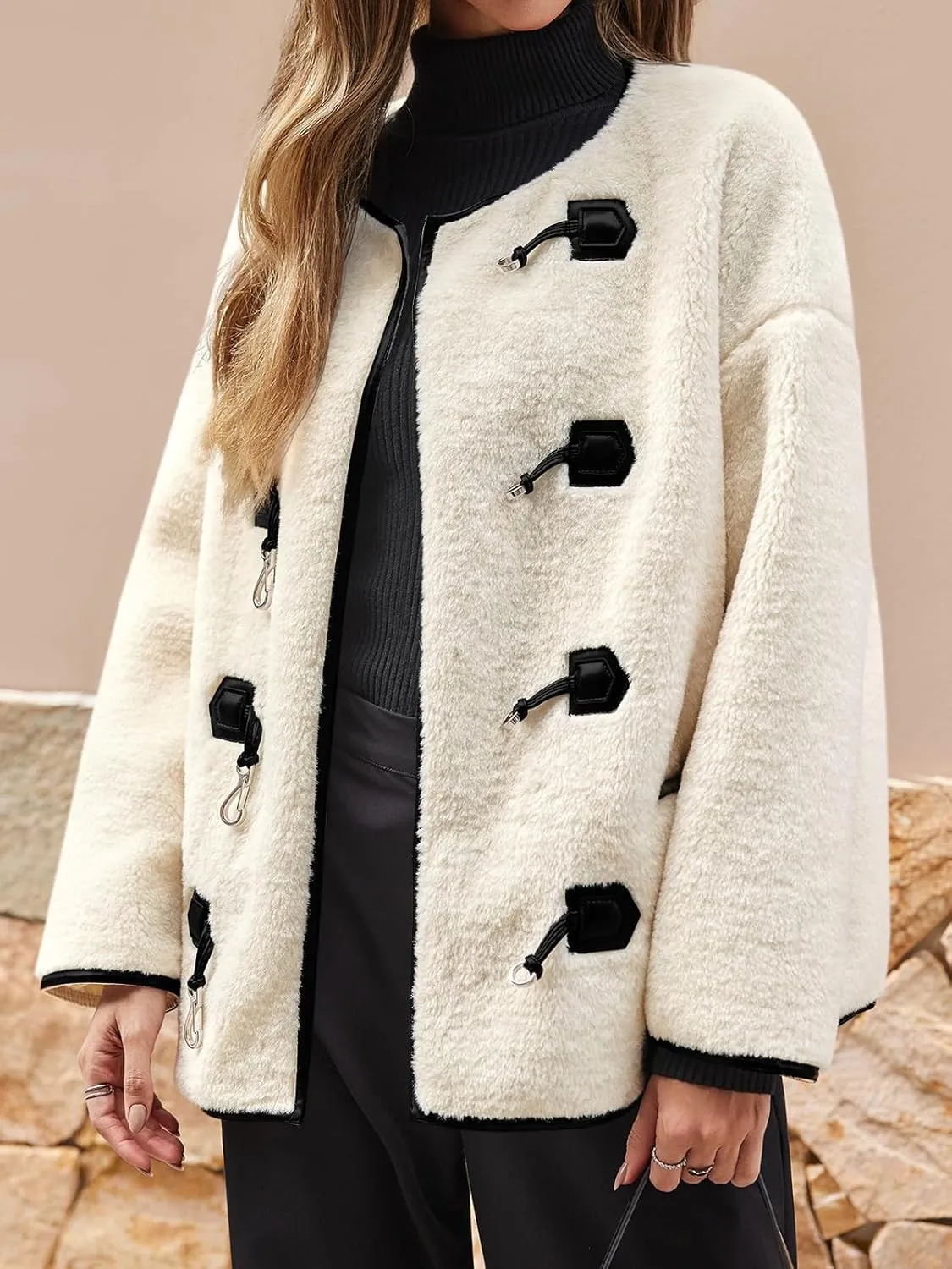 Tankaneo Womens Faux Fur Jackets Fluffy Collarless Winter Fuzzy Coat Oversized Warm Sherpa Outerwear