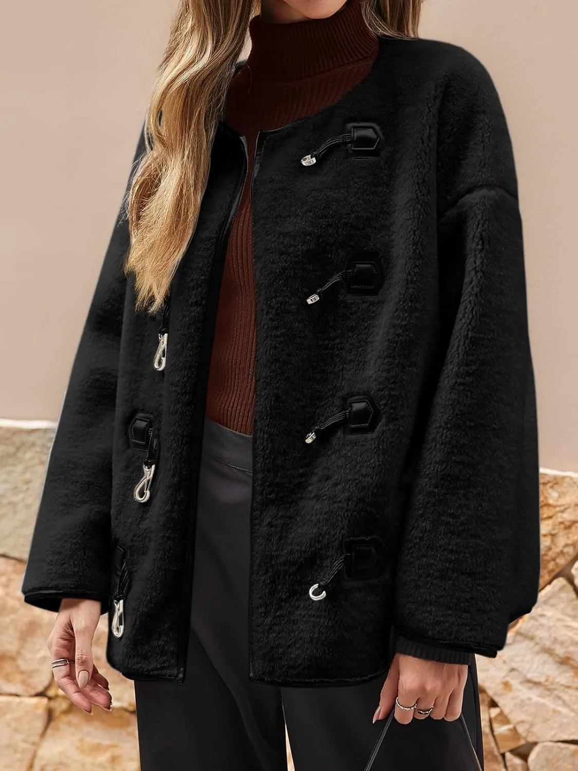 Tankaneo Womens Faux Fur Jackets Fluffy Collarless Winter Fuzzy Coat Oversized Warm Sherpa Outerwear