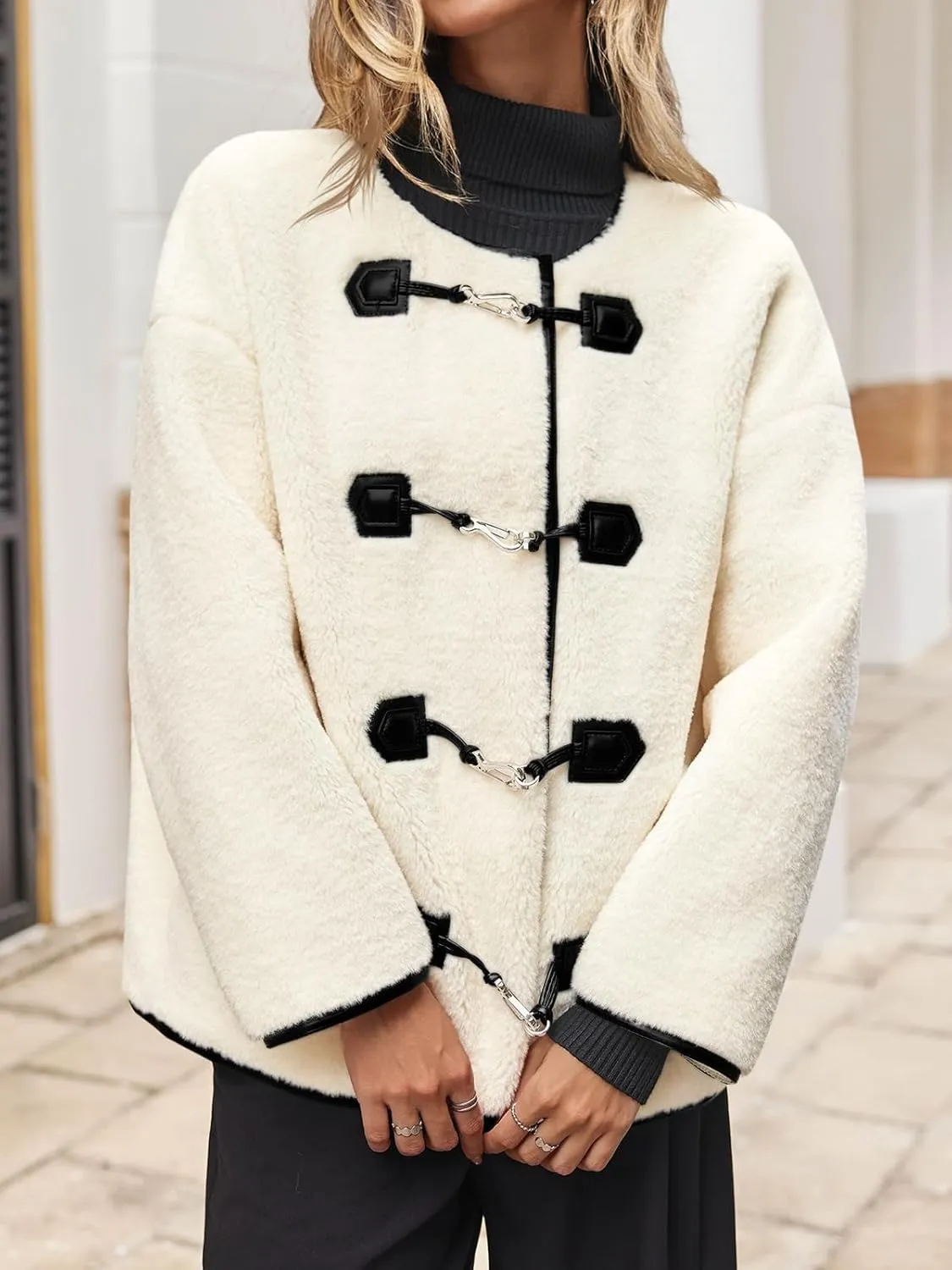 Tankaneo Womens Faux Fur Jackets Fluffy Collarless Winter Fuzzy Coat Oversized Warm Sherpa Outerwear