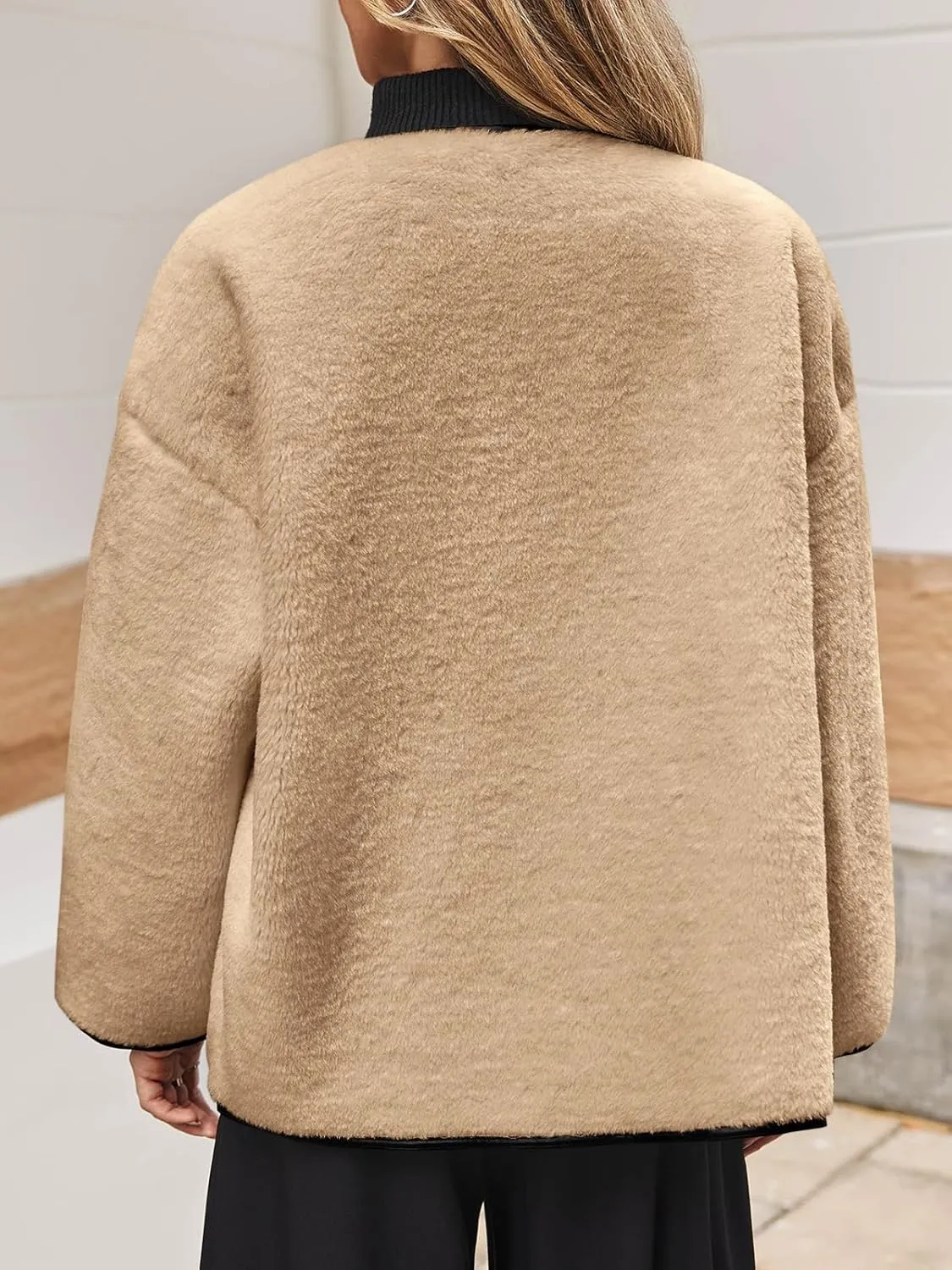 Tankaneo Womens Faux Fur Jackets Fluffy Collarless Winter Fuzzy Coat Oversized Warm Sherpa Outerwear