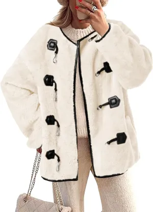 Tankaneo Womens Faux Fur Jackets Fluffy Collarless Winter Fuzzy Coat Oversized Warm Sherpa Outerwear