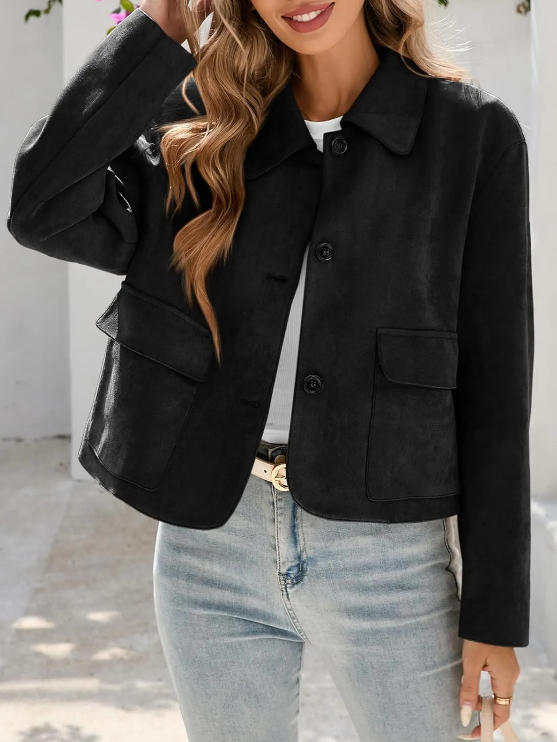 Tankaneo Womens Faux Suede Leather Jackets Casual Cropped Coats Vintage Button Down Shackets
